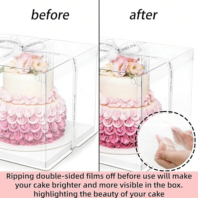 6 Pcs Clear Cake Box with Ribbon 2-Layer 10x10x10 Inch, Transparent Cake Carrier Box with Lids, PET Tall Cake Packaging Boxes, Clear Gift Boxes for Mother's Day Birthday Wedding Festival Party