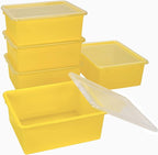 Storex Letter Size Deep Storage Tray – Organizer Bin with Non-Snap Lid for Classroom, Office and Home, Yellow, 5-Pack (62546A05C)