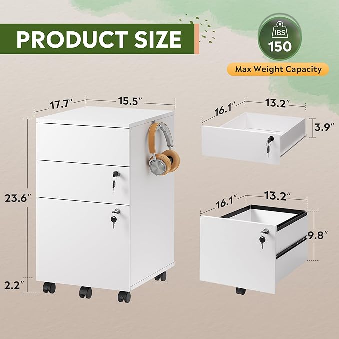 DEVAISE 3 Drawer Mobile File Cabinet with Lock, White Wood Rolling Filing Cabinet for Under Desk, Fits Letter/Legal/A4 Size for Home Office