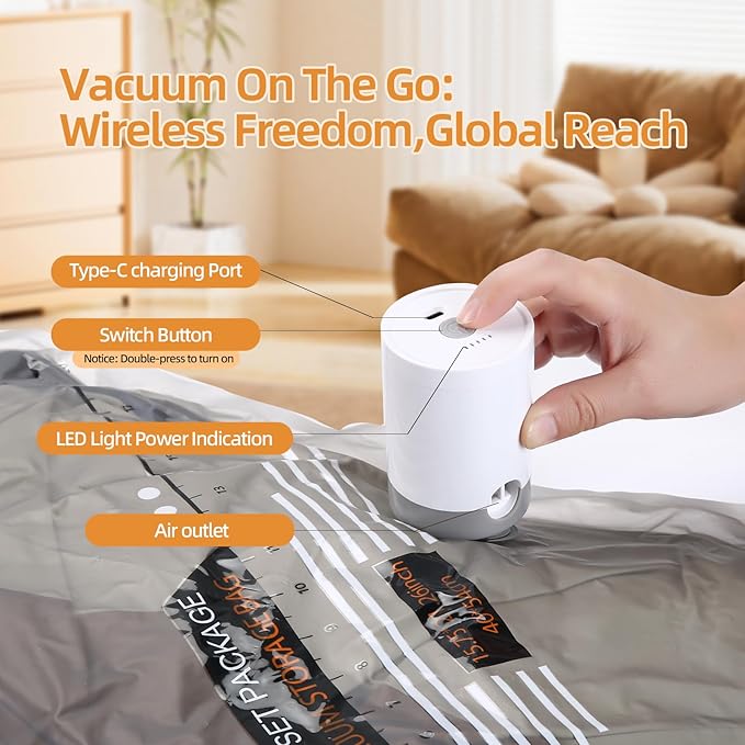 Vacuum Seal Bags For Travel With Rechargeable Cordless Pump, 15 Pack Space Saver Compression Bags For Clothes, Bedding, Blankets, Pillows, Luggage, Travel Vacuum Storage Bag Set