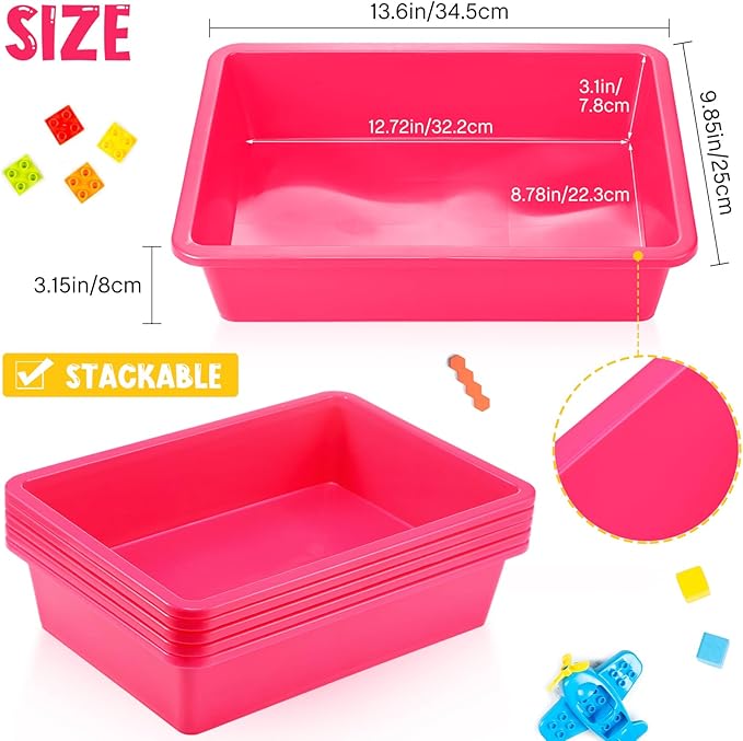 Hoteam 10 Pcs Flat Storage Organizer Tray Bin Letter Size Paper Tray for Classroom Plastic Stackable File Organizer for School Office Teacher Book Organization (Dark Pink,13.78 x 9.84 x 3.15 Inch)