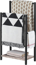 HOOBRO Freestanding Towel Rack, 2 Tier Blanket Ladder Holder for Bathroom, 16.5" L x 9.4" W x 31.5" H, Blanket Rack, Industrial Drying and Display Rack with Shelf, Metal, Greige and Black BG02LB01