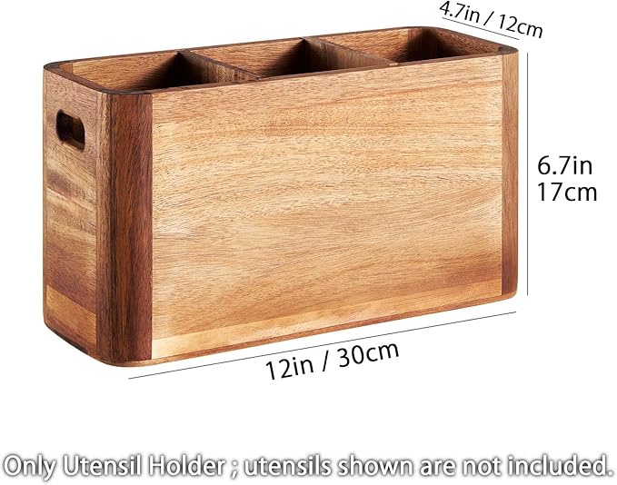 12" Wooden Kitchen Utensil Holder, Extra Large Acacia Wood Organizer for Cooking Tools, Utensils & Cutlery Storage – 3-Compartment Countertop Holder