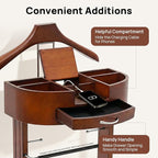 Freestanding Clothing Valet Stand, Wood Mens Valet Stand with Multi-Compartment Tray and Drawer Clothes Rack with Drawers for Entryway Office Living Room