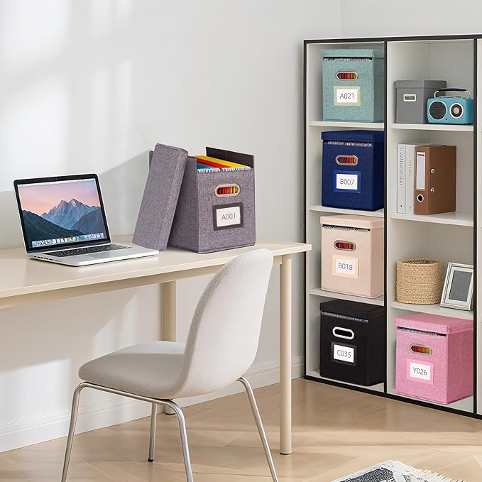 4 Pack Hanging File Folders Organizer with Lid, Letter Size Fabric File Storage Box Collapsible, Portable Office Document Holder with Metal Handle, Smooth PVC Rails, Beige