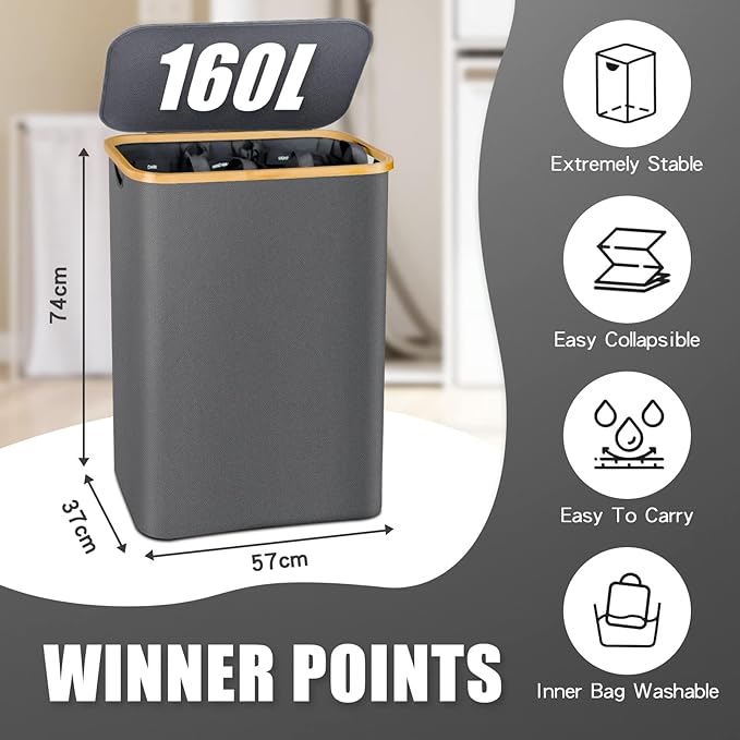 Hampers for Laundry Basket with Lid, 160L Extra Large 3 Section Clothes Divided Organizer for Bedroom, Laundry Room, Dirty Clothes Hamper, Grey