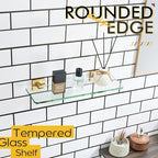 KOKOSIRI Floating Wall Shelf 16-Inch Bathroom Tempered Glass Shelves Shower Rack Kitchen Storage Home Decor, 2 Pack Gold Stainless Steel B1107BG-L16-P2