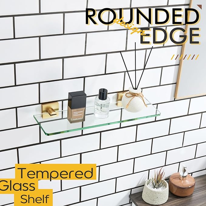 KOKOSIRI Floating Wall Shelf 16-Inch Bathroom Tempered Glass Shelves Shower Rack Kitchen Storage Home Decor, 2 Pack Gold Stainless Steel B1107BG-L16-P2