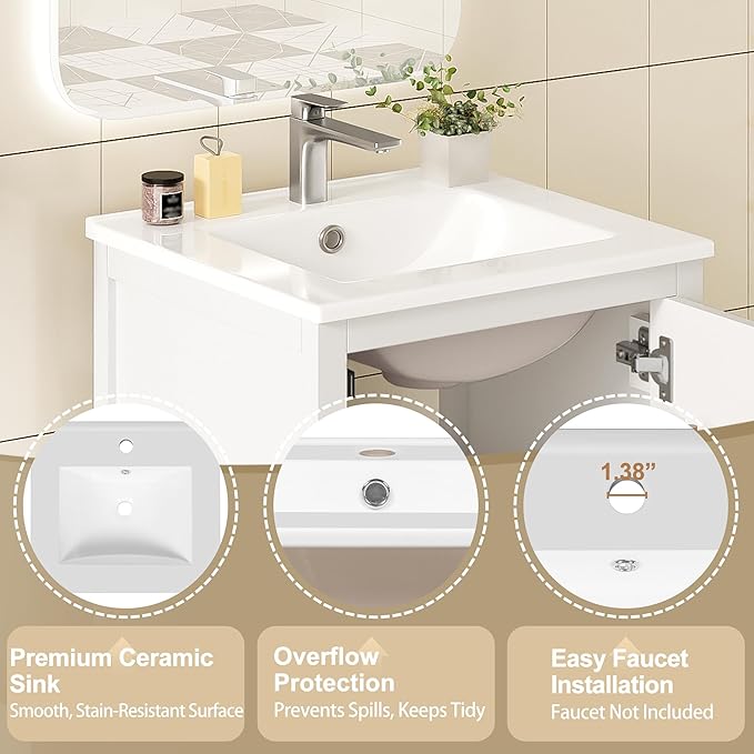 20" Small Bathroom Vanity with Sink, Soft-Close Drawer and Door, Wood Modern Single Bathroom Sink Cabinet with Doors and Shelves, Adjustable Foot Pads, for Small Space (White)