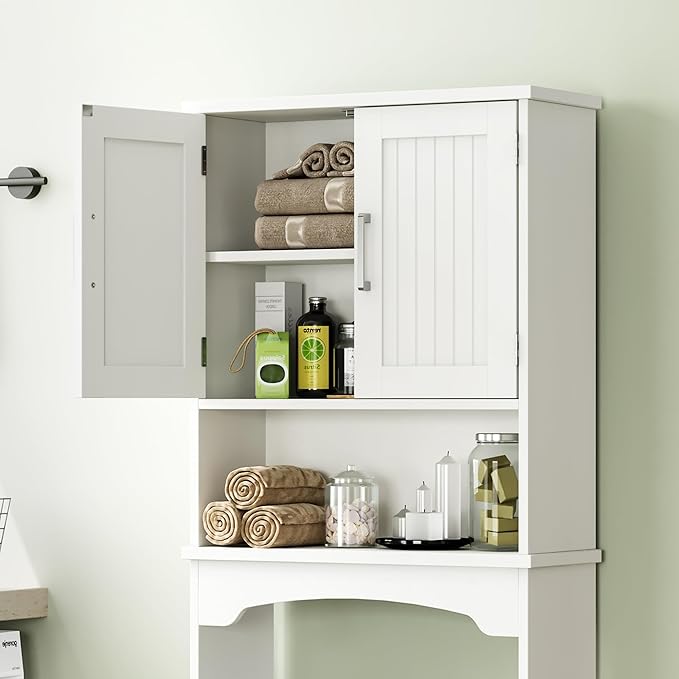 GarveeHome Over The Toilet Storage Cabinet, Double Door Bathroom Storage Organizer with Anti-Tip Device, Small Freestanding Space Saver with Open Shelf, White