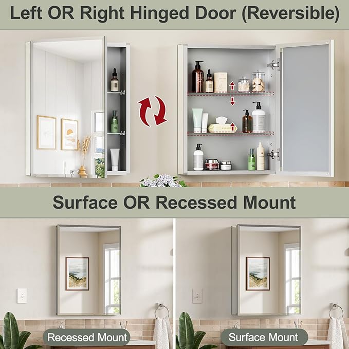 20x26 Inch Beveled Aluminum Medicine Cabinet with Mirror, Assembly Needed, Recessed/Wall Mount, 2 Adjustable Tempered Glass Shelves, Bathrroom Medicine Cabinet, Side Mirror, Reversable Door