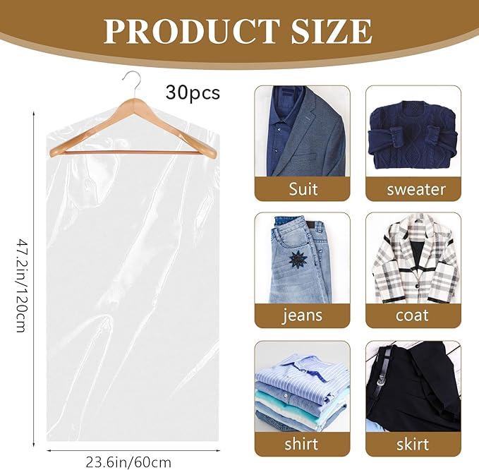 30 Pcs Clear Garment Cover 47 Inch Plastic Garment Bags for Hanging Clothes Dry Cleaning Bags Transparent Dust-proof Storage Covers for Skirt Coat Suit Shirt Jacket