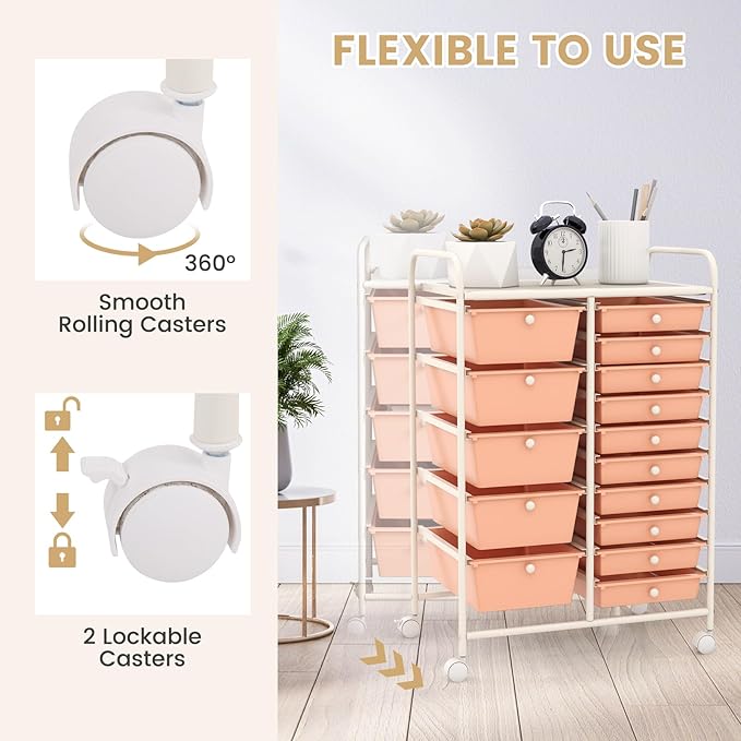LUARANE Rolling Cart with 15 Drawers, Craft Storage Cart with Portable Handles & Lockable Wheels, Mobile Toys Organizer, Large Capacity Utility Drawer Cart Home Office School Teacher (Peach)