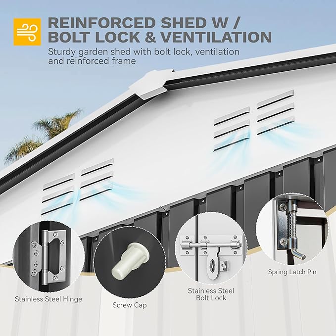 DWVO 12x8ft Metal Outdoor Storage Shed with Window, Lockable Tool Storage Sheds, Oversized Steel Garden Sheds with Sloped Roof for Backyard, Patio, Garage, Lawn, Gray & White