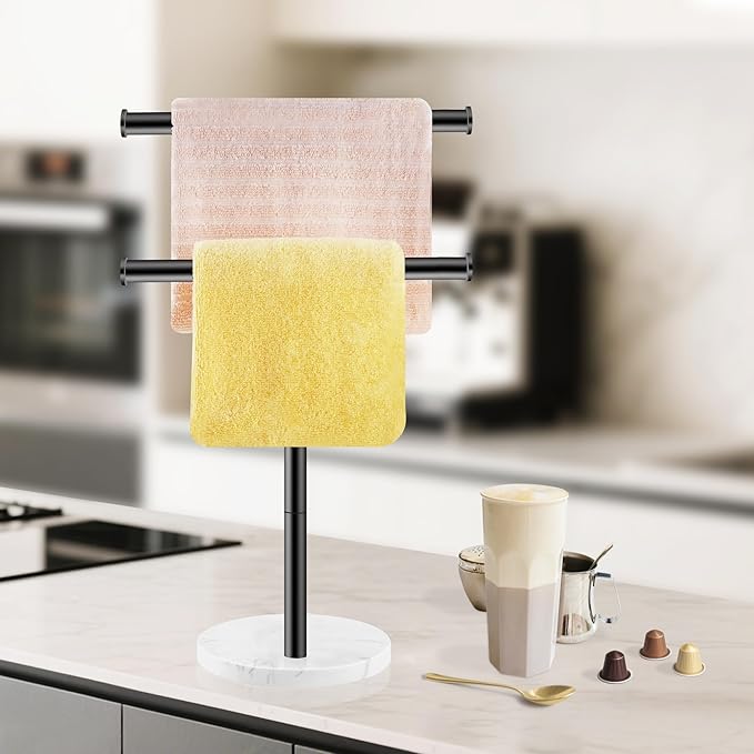 Hand Towel Holder for Bathroom Countertop, 17 Inch Tall T-Shape 2 Tier Towel Rack Stand with Heavy Marble Base, Free Standing Rustproof Double Tiered Kitchen Towel Drying Organizer, Black, YOFIVI