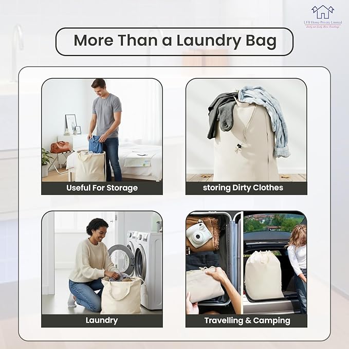 LFH Home Cotton Canvas Large Laundry Bag with Handle, Heavy Duty Drawstring Closure Washable Laundry Bags, School Travel, Home, Hotel, College Dorm, Organizer Sack, Toy Clothes 28x36 (Pack of 2)-White