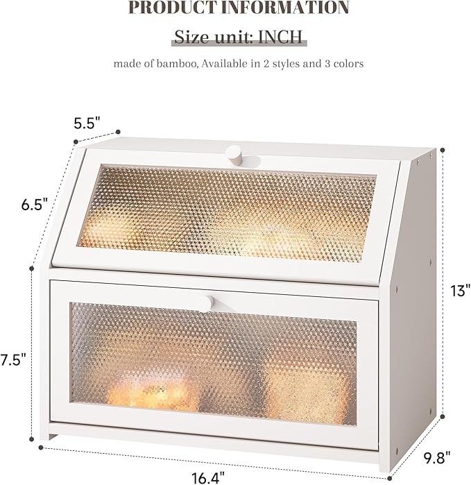 Bread Box for Kitchen Countertop Bin Double Layer Bread Box Storage Container Extra Large Capacity Farmhouse with Diamond Pattern Windows (White, Large)