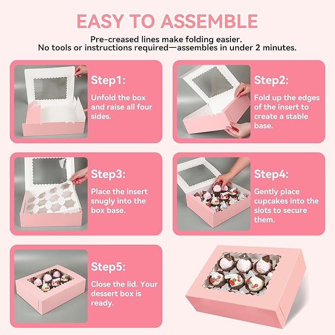 3-Set Cupcake Boxes Bulk with Clear Display Window Hold 12 Standard Cupcakes, Disposable Food Grade Pink Cupcake Carrier Cupcake Container, Perfect for Cupcakes Muffins Cookies Pastries
