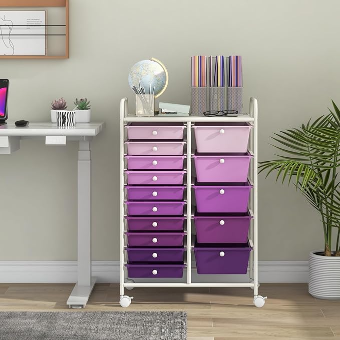 RELAX4LIFE 15 Drawer Rolling Storage Cart - Mobile Craft Art Supply Storage Organizer for Tool Scrapbook Paper Salon, Office School Classroom Teacher Rolling Cart with Drawers, Utility Cart on Wheels