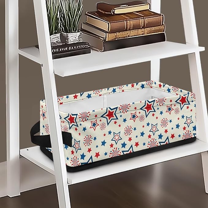 Small Storage Basket for Organizing Shelf Closet Baskets Cube Lightweight Storage Bins Container for Bathroom Office Kitchen 13.89 x 7.13 x 4.37 Inch, Red Blue Star Creamy White