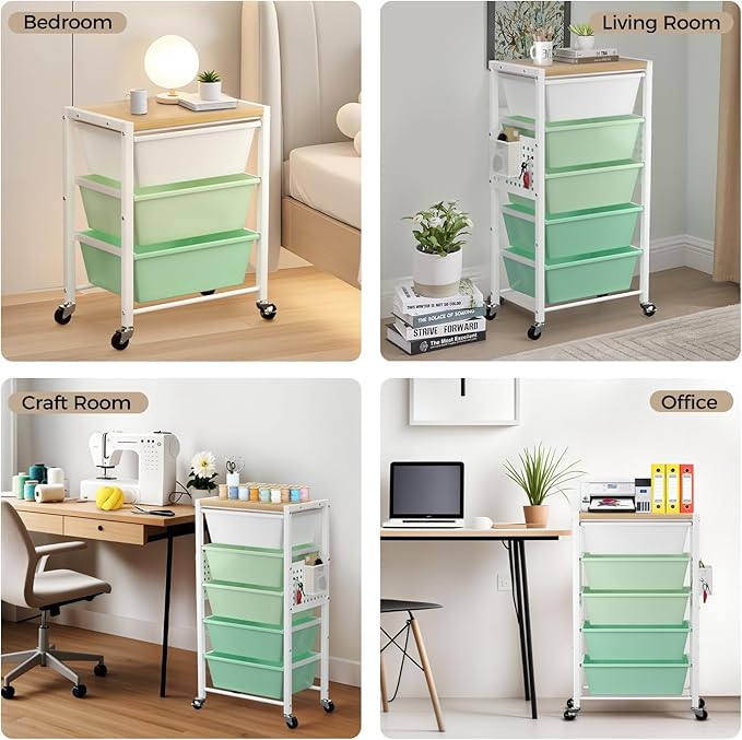 Rolling Cart with 3 Drawers, Plastic Drawer Storage Carts with Lockable Wheels & Wooden Tabletop, Metal Utility Cart Organizer, Office Bedroom Classroom Craft Organization and Storage, Bright Green