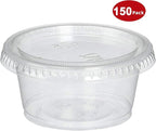 DuraHome Plastic Portion Cups with Lids 2 oz. Pack of 150 Leakproof Jello Shot Cup Mini Containers for Salad Dressing Sauce Condiment Snack Souffle and Salsa, Disposable