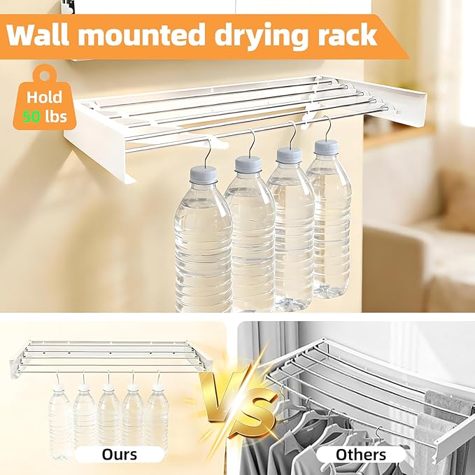 Wall Mounted Clothes Drying Rack 32", Collapsible Space Saving Laundry Drying Rack with 50 lb Capacity, Laundry Room Organization for Clothes, Foldable, 5 Rods, White