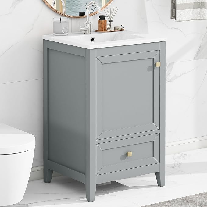 20 in Small Bathroom Vanity with Sink,Wood Modern Single Bathroom Sink Cabinet with Soft Closing Door and Drawer,Freestanding Grey