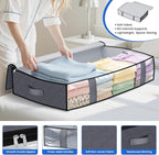 Under Bed Storage Containers, 4 Pack Blanket Storage Bags, Collapsible Storage Bags with Big Zippers, Clear Front, Shoe Storage and Organization for Clothes, Comforter, 75L, Grey