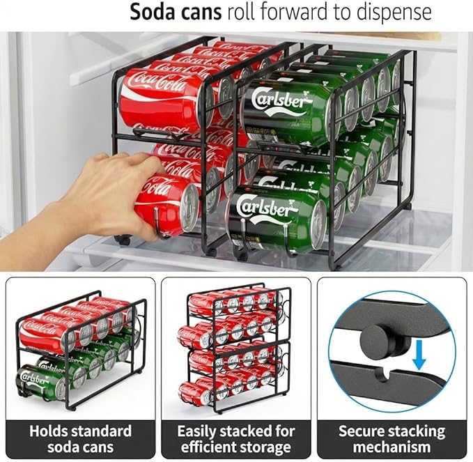 Soda Can Organizer Storage Rack, 2 Pack Stackable Beverage Soda Can Dispenser Organizer Holder for Refrigerator, Cabinet, Pantry (Black)