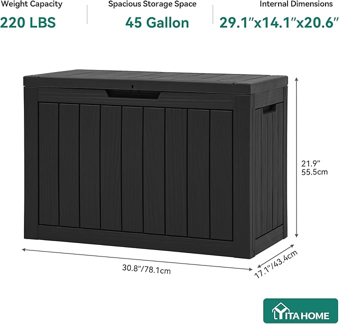 YITAHOME Outdoor Storage Box, 45 Gallon Waterproof Resin Deck Box, Lockable Organizer for Patio, Poolside, Deck, Cushions, Throw Pillows, Garden Tools, Black