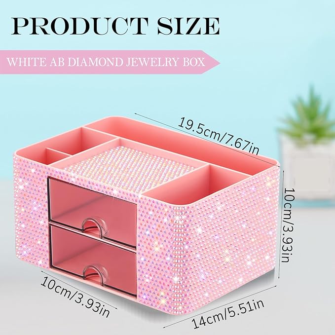 Pink Bling Desk Organizer with 2 Drawer, Sparkly Makeup Organizer for Vanity, Girly Desk Accessories, Rhinestone Pen Holder, Elevate Your Workspace with Pink Serenity (Diamond)