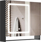 ChooChoo Bathroom Medicine Cabinet with Mirror, Modern Mirror Cabinet with LED Lights, Bathroom Wall Cabinet with Adjustable Shleves, Towel Bar, Black