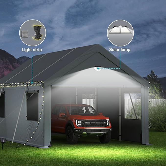 10x16FT Heavy Duty Carport Canopy,Extra Large Portable Car Tent Garage with Roll-up Windows and All-Season Tarp Cover,Removable Roof&Side Wall for Car, SUV,Boats&Truck Shelter Logic Storage
