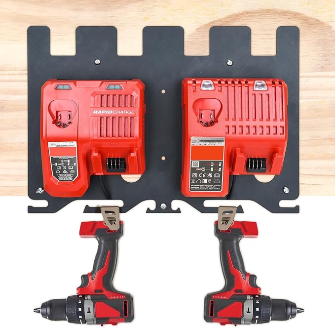 3-in-1 Metal Wall Mount for Milwaukee Chargers Batteries Drills Storage Rack for 4x 18V Battery Packs Bracket Holder for 2x M12-18C Charger/2x M12-18FC Charger/1x M18 DFC, Power Tool Organizer