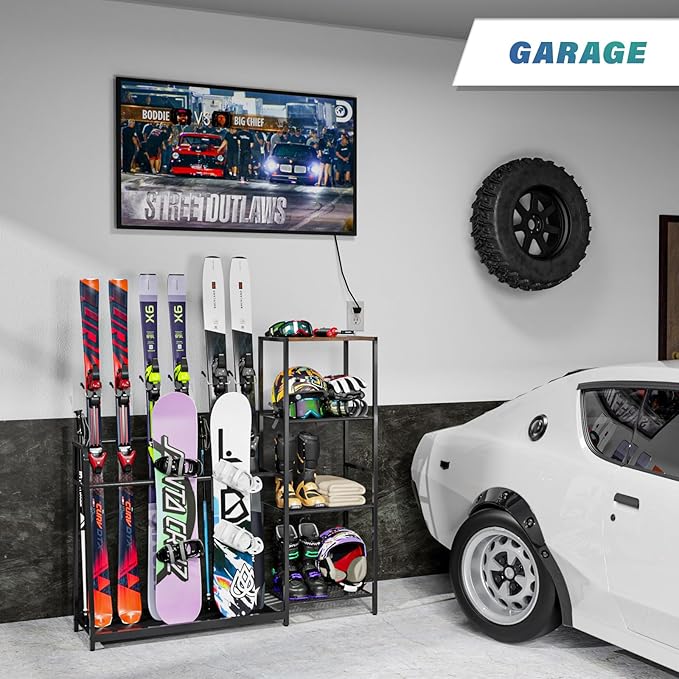 Freestanding Snowboard Rack - 4 Pair Ski, 3 Pack Snowboard, Boot, Pole, Goggles, Helmet Rack for Garage, Shed, Basement