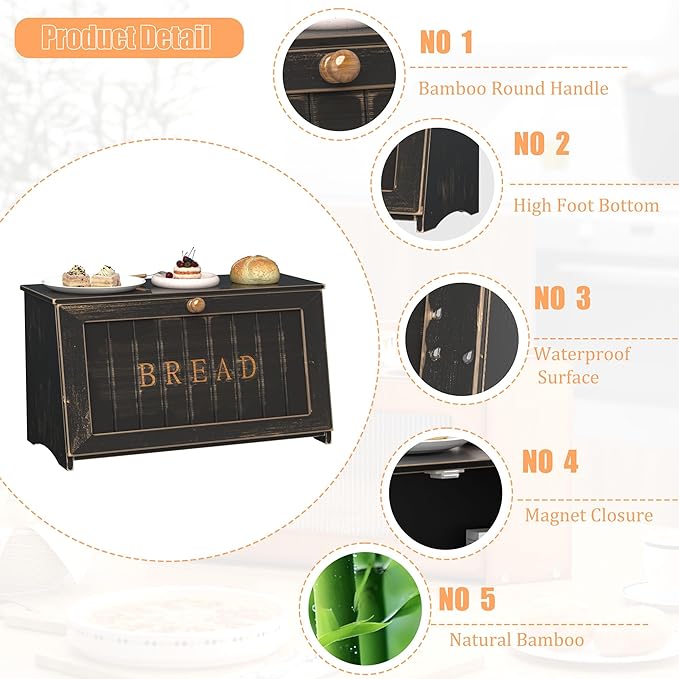 Vintage Bread Box for Kitchen Countertop, Retro Design Bread Storage Container, Farmhouse Wooden Counter Breadbox, Small Bamboo Bread Bin Holder for Homemade Bread, Black