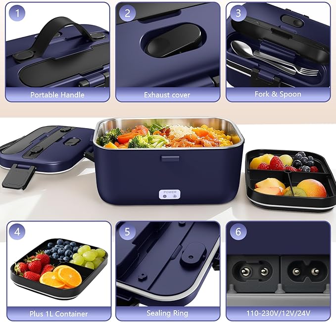 Electric Lunch Box for Adults, 2.8L Double Layer 100W Fast Heated Lunch Box, Heating Food Heater Warmer for Home Office Car Truck Use, Extra Large Lonchera Electrica Portátil 12/24V/110-230V, Blue