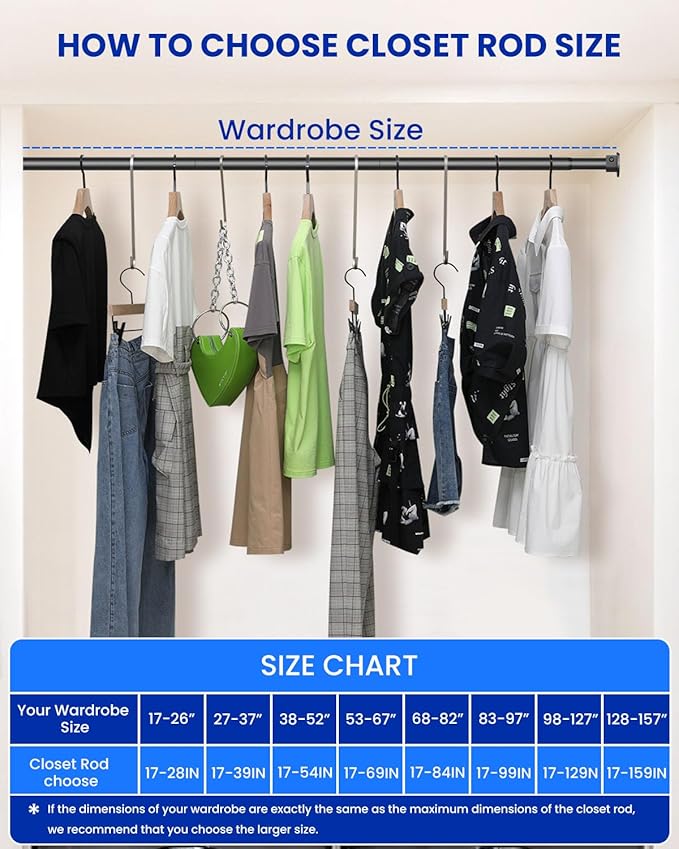 Closet Rods for Hanging Clothes, 17 to 84 Inches Stepless Adjustable Metal Closet Rod, 1.3 Inches Heavy Duty Clothes Hanging Rod for Closet Wardrobes Laundry RV, Black