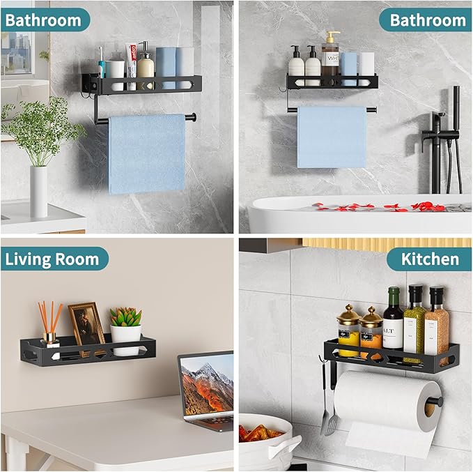 Paper Towel Holder with Shelf for Bathroom, Kitchen Paper Holder Spice Rack Paper Towel Roll Holder Wall Mounted Paper Towel Holder with 2 Hooks(2 Installation Methods - Self-Adhesive and Drilling)
