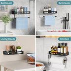 Paper Towel Holder with Shelf for Bathroom, Kitchen Paper Holder Spice Rack Paper Towel Roll Holder Wall Mounted Paper Towel Holder with 2 Hooks(2 Installation Methods - Self-Adhesive and Drilling)