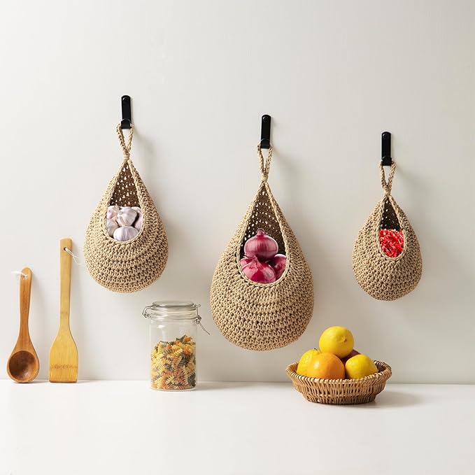 Hanging Fruit Large Basket Set of 3, Boho Wall Hanging Storage Basket for Organizing, Handmade Teardrop Hammock Holder for Fruit Vegetable in Home & Restaurant Kitchen with Hooks,Light Linen