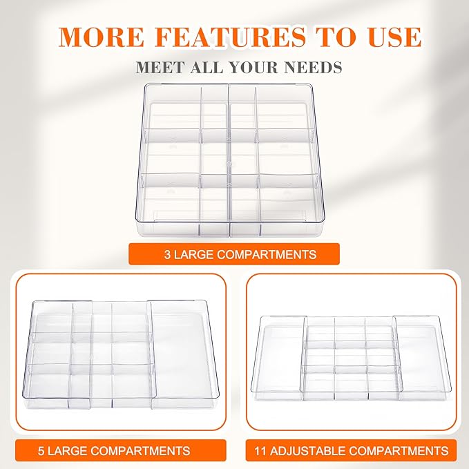 1 Pcs Large Expandable Acrylic Drawer Organizers, Grid Adjustable Drawer, Dividers Organizer for Desk, Makeup, Jewelry, Office, Kitchen Supplies (Clear,11 Compartments)