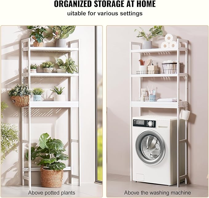 VEVOR Over The Toilet Storage, 3-Tier Adjustable Over Toilet Bathroom Organizer, Bamboo Storage Shelf Rack with 3 Hooks, Freestanding Easy Assembly Laundry Space Saver, Fit Most Toilets