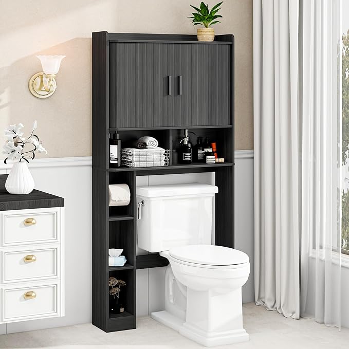 Over The Toilet Storage Cabinet,Farmhouse Toilet Cabinet Rack with 2 Tambour Sliding Doors and Toilet Paper Holder Stand，Toilet Shelf Space Saver with Towel Rack for Bathroom, Restroom,Black Laundry