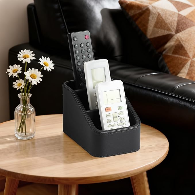 PU Leather Remote Control Holder, Small Desk Organizer Office Supply Bedside Caddy for Nightstand End Table Couch, Pen Remote Organizer with 3 Compartments (Black)