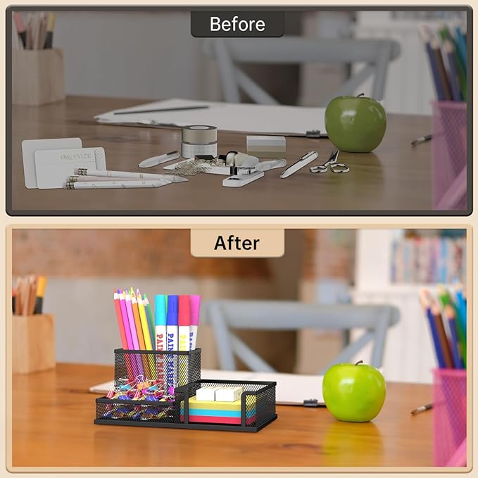 SUPEASY Pen Holder Desk Organizer, Office Supplies Pencil Holder with 3 Compartments, Desk Accessories and Workspace Organizers for Home School, Black