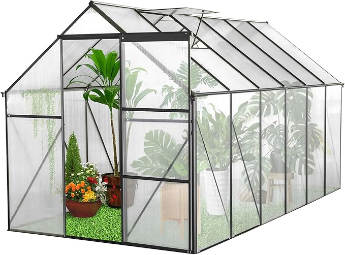 6x10 FT Heavy-Duty Greenhouse with Adjustable Roof Vent and Polycarbonate Panels - Walk-in Aluminum Frame Greenhouse for Backyard, Winter - All-Weather Outdoor Garden, Easy Assembly, Black (6x10 FT)