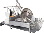 KitchenAid Compact to Full Size Expandable, Rust Resistant Satin Coated Dish Rack with Angled Self Draining Drain Board and Removable Flatware Caddy, 24-Inch, Charcoal