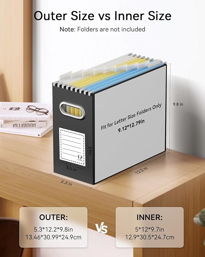 Oterri File Organizer Box, Portable Collapsible Cardboard File Folder Organizer with Handle for Letter Size Hanging Files, Document Storage Box for Home Office & Classroom (8 Packs, Black)